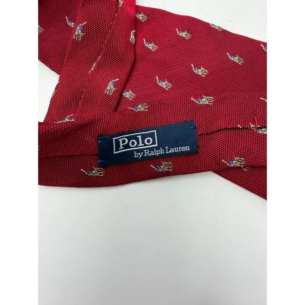POLO RALPH LAUREN Vintage 1990s All-Over Polo Pony Silk Tie in Burgandy